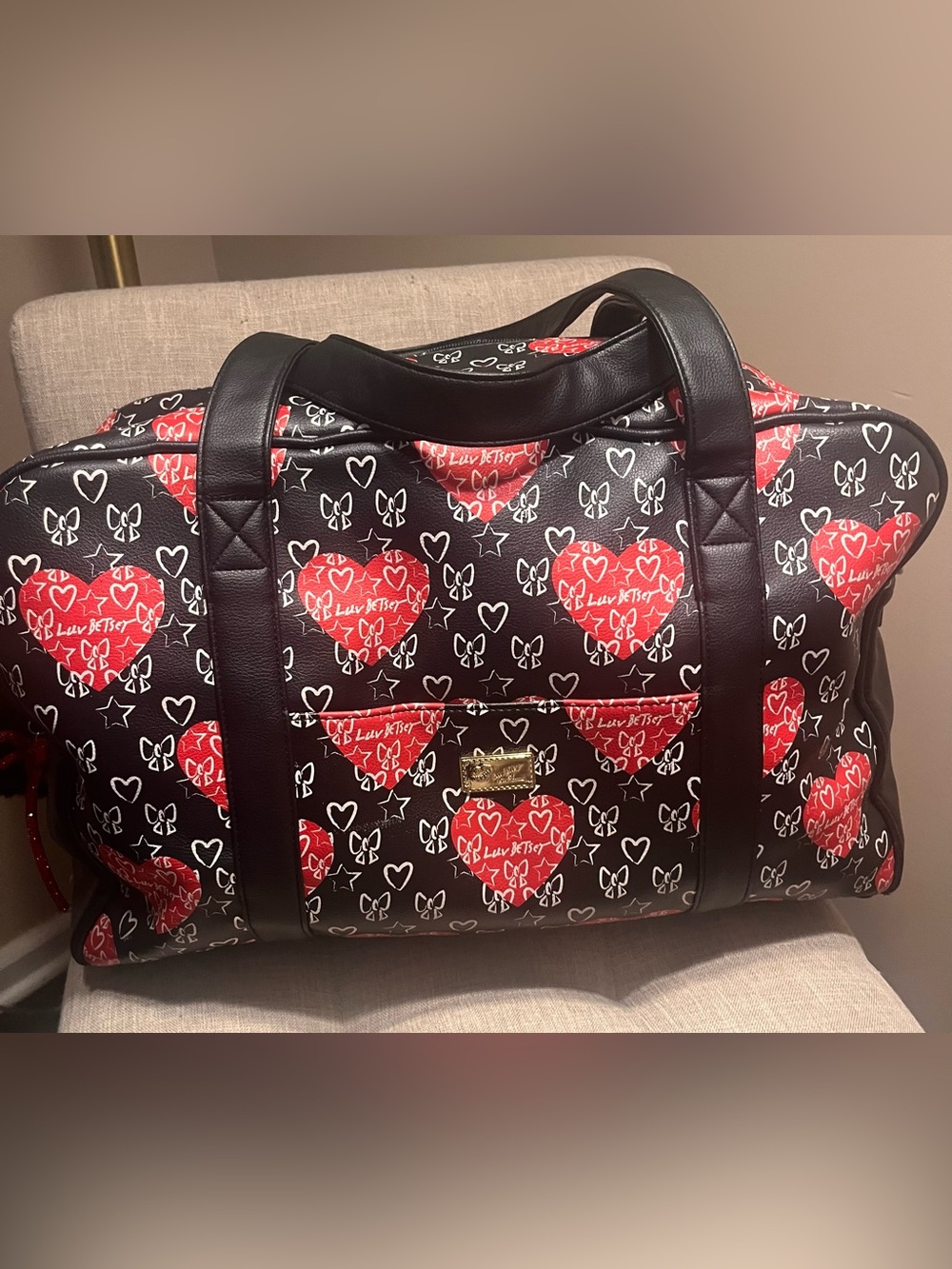 Betsy Johnson Oversized Black and Red Heart Print Travel Duffle Bag
